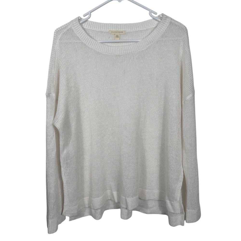 Eileen Fisher 100% Organic Linen Light Round Neck Box Sweater Top, Size L